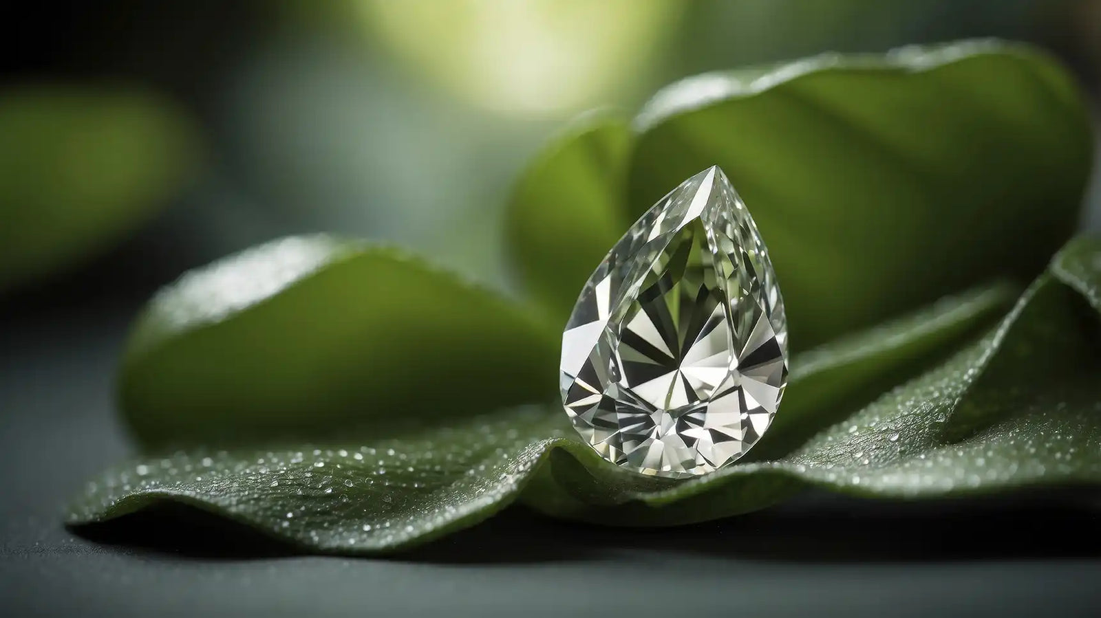 4‑carat pear‑cut Pure® lab‑grown diamond on green leaf background