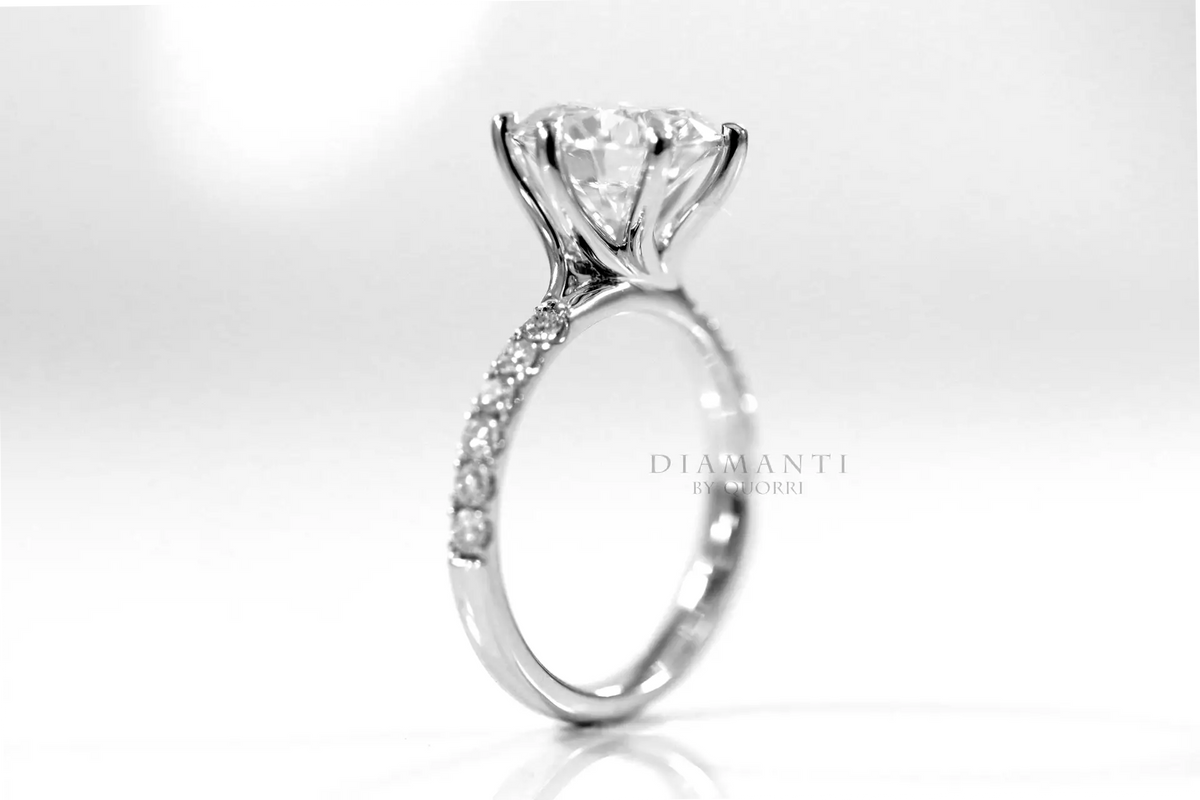 platinum affordable six prong round accented lab diamond engagement ring 