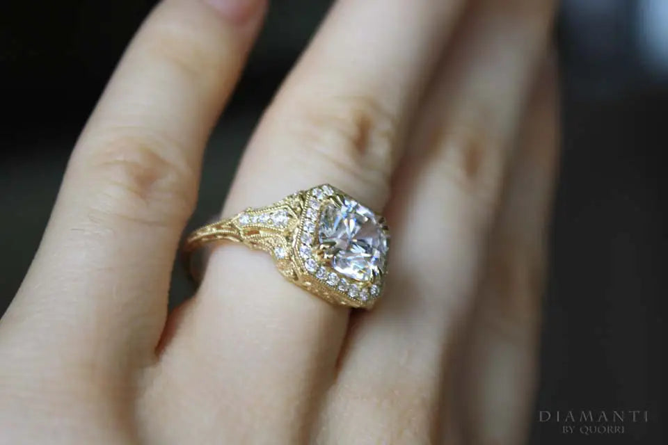 yellow gold antique dual claw prong filigree 3ct cushion lab diamond engagement ring