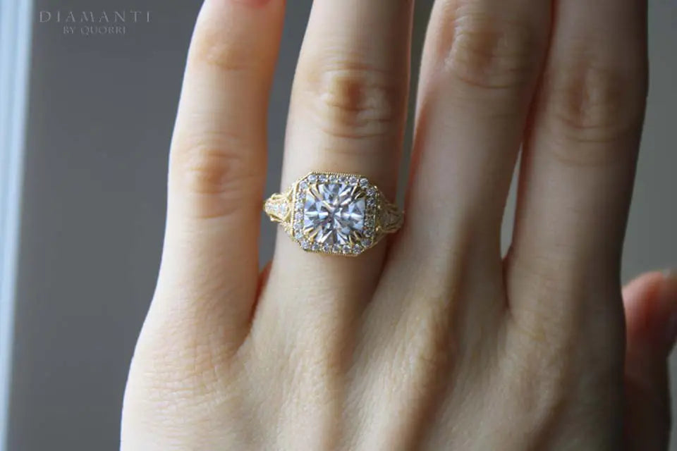 14k Yellow antique dual prong filigree cushion lab diamond engagement ring Quorri Canada