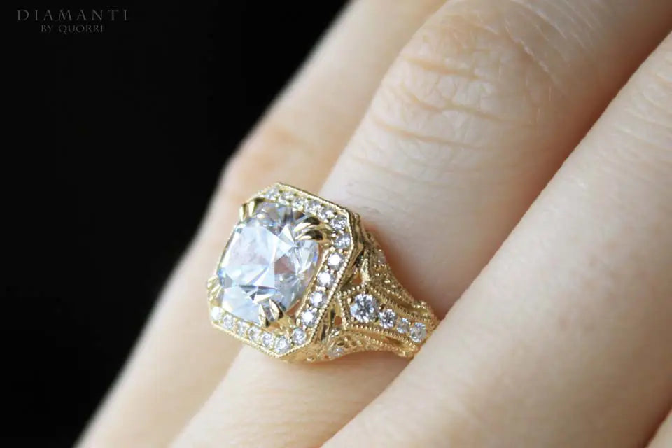 18k yellow gold antique dual prong filigree cushion lab grown diamond engagement ring