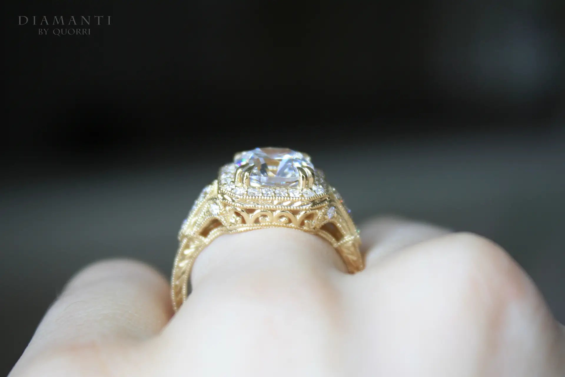 yellow gold antique dual claw prong filigree 2ct cushion lab grown diamond engagement ring