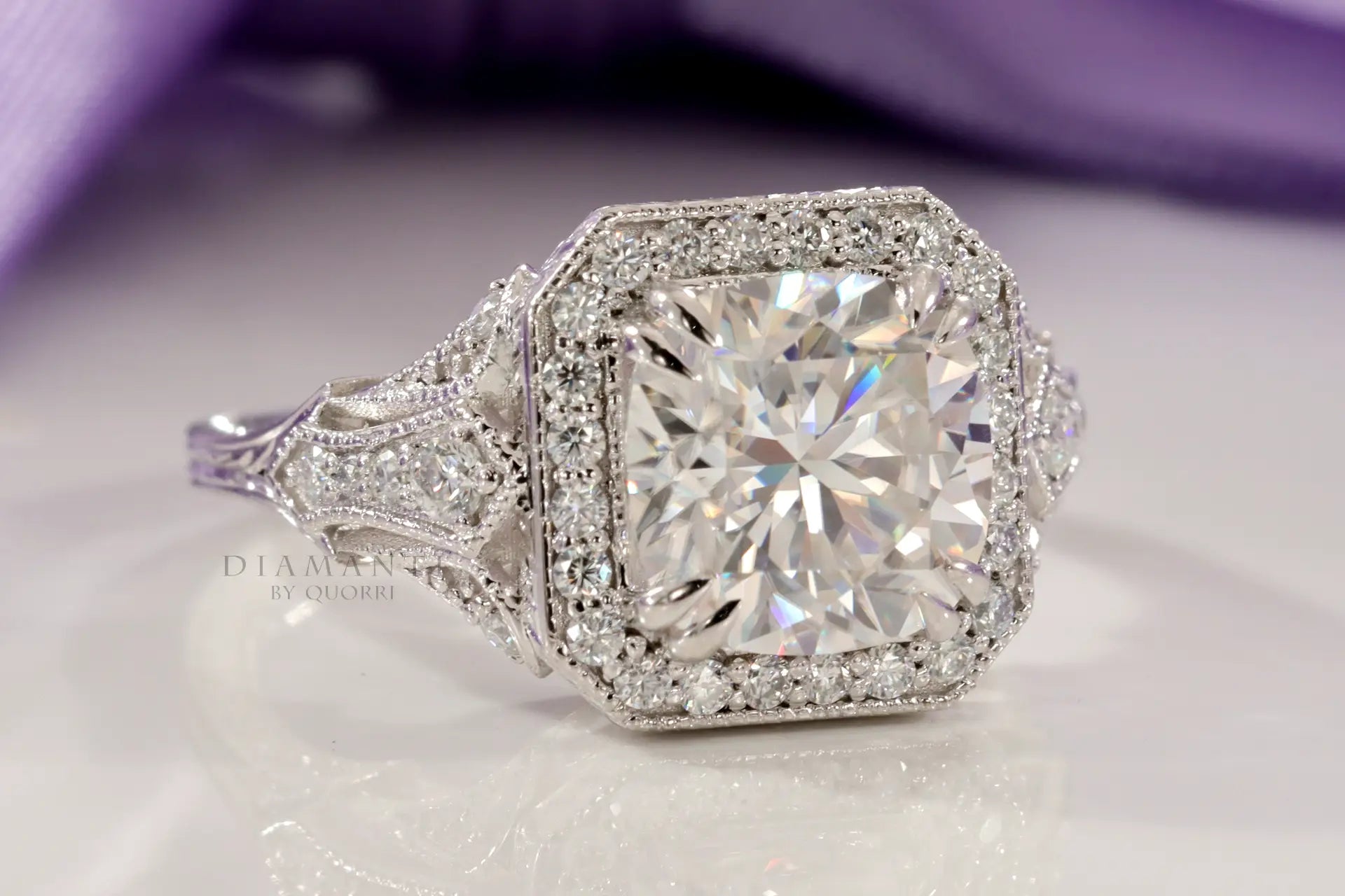 14k white antique dual prong filigree 3ct cushion lab created diamond engagement ring