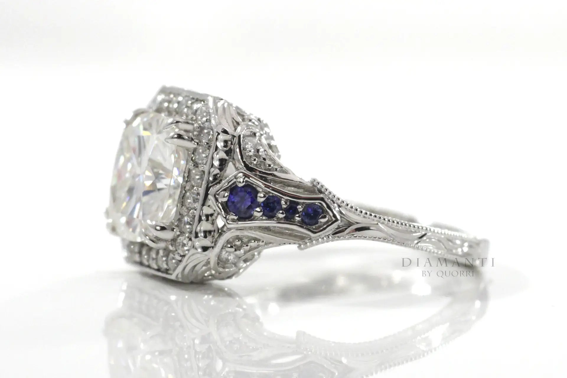 sapphire accented antique dual prong filigree cushion lab diamond engagement ring