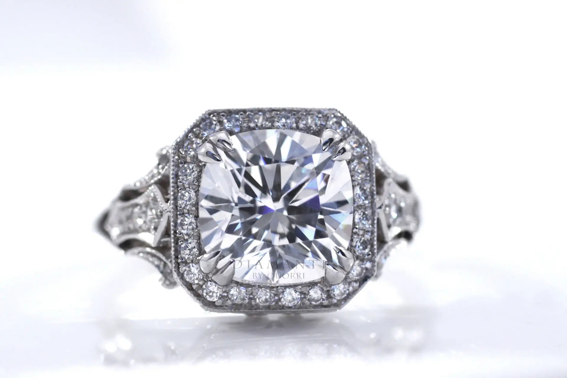 antique dual prong filigree cushion lab diamond engagement ring