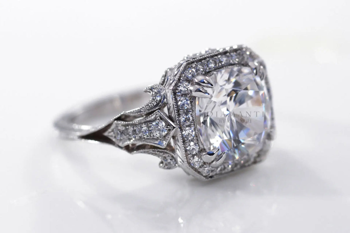 antique dual prong filigree 2ct cushion lab grown diamond engagement ring
