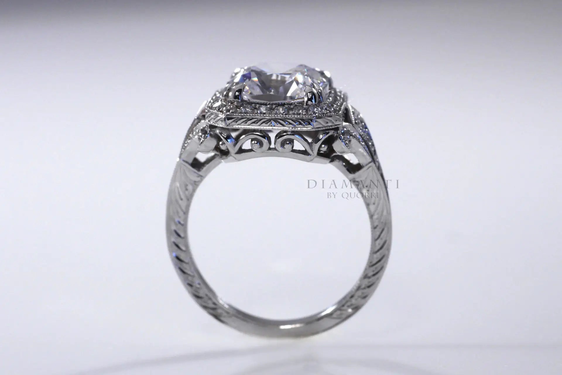 antique dual claw prong filigree 2ct cushion lab grown diamond engagement ring