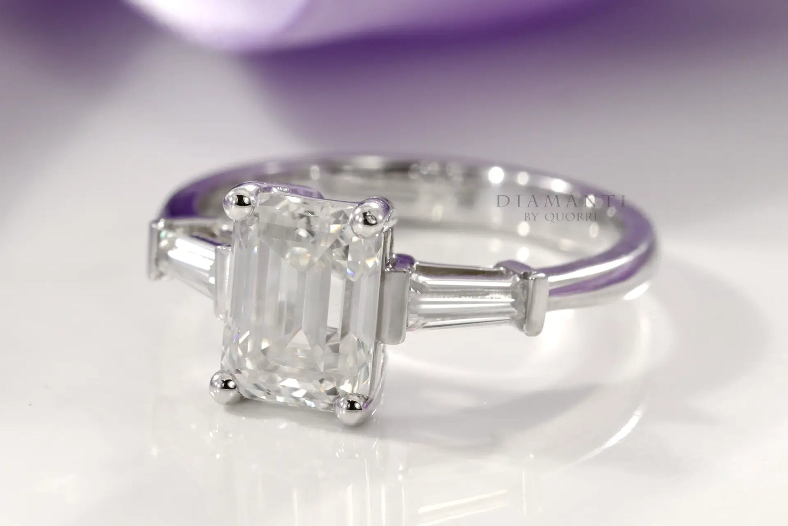 emerald and baguette three stone lab diamond engagement ring Quorri