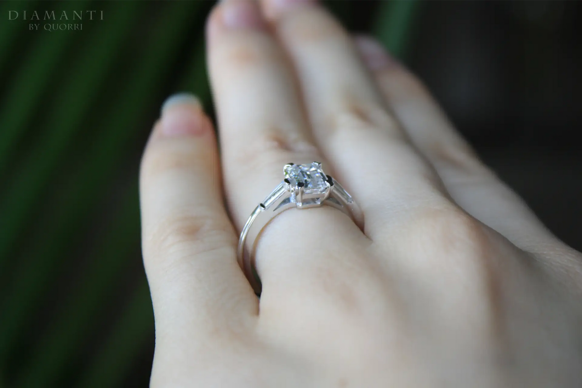 low cost 1.5ct emerald and baguette three stone lab diamond engagement ring Quorri