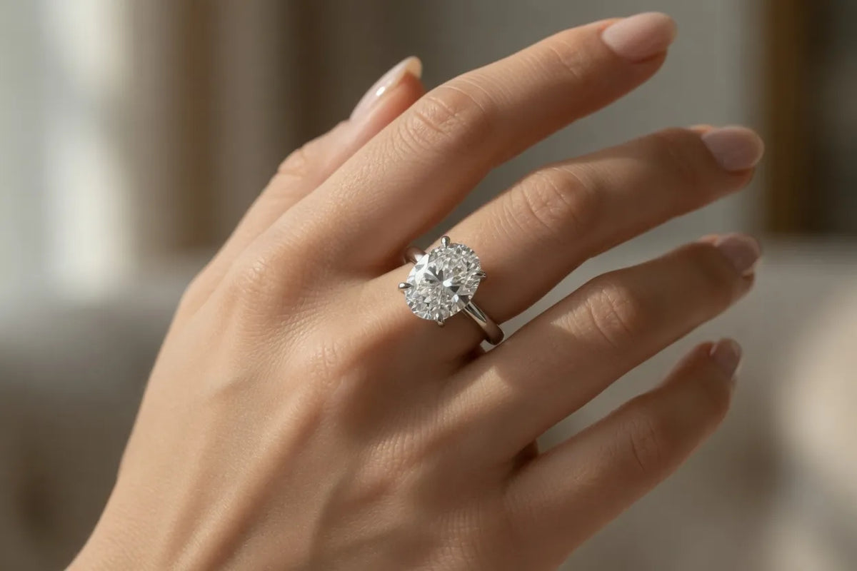 Afina oval 3 carat ATERNA hidden halo ring white gold on female hand by Quorri