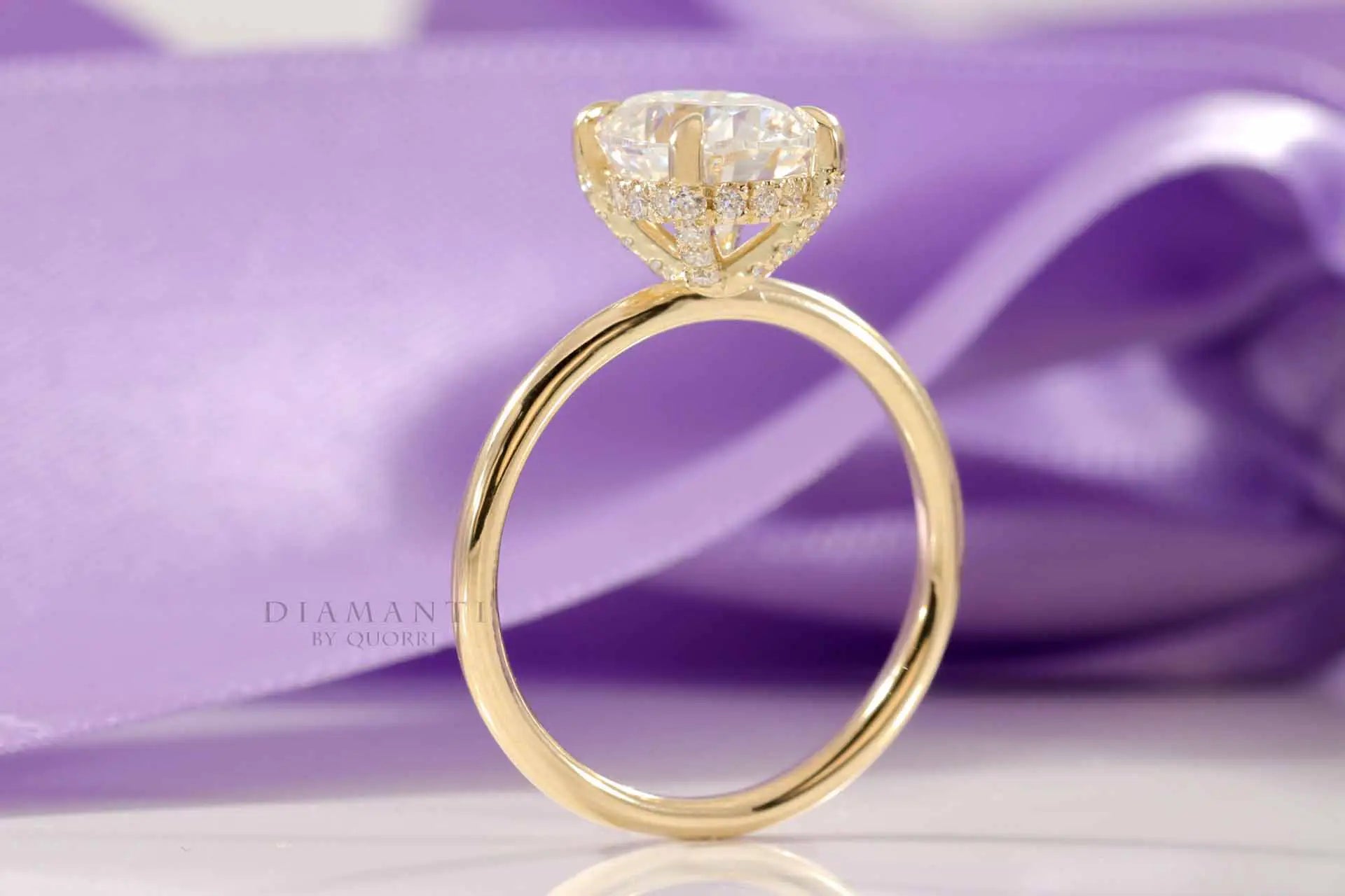 under-halo 4 claw prong yellow gold 2.5 carat oval lab created diamond engagement ring Quorri