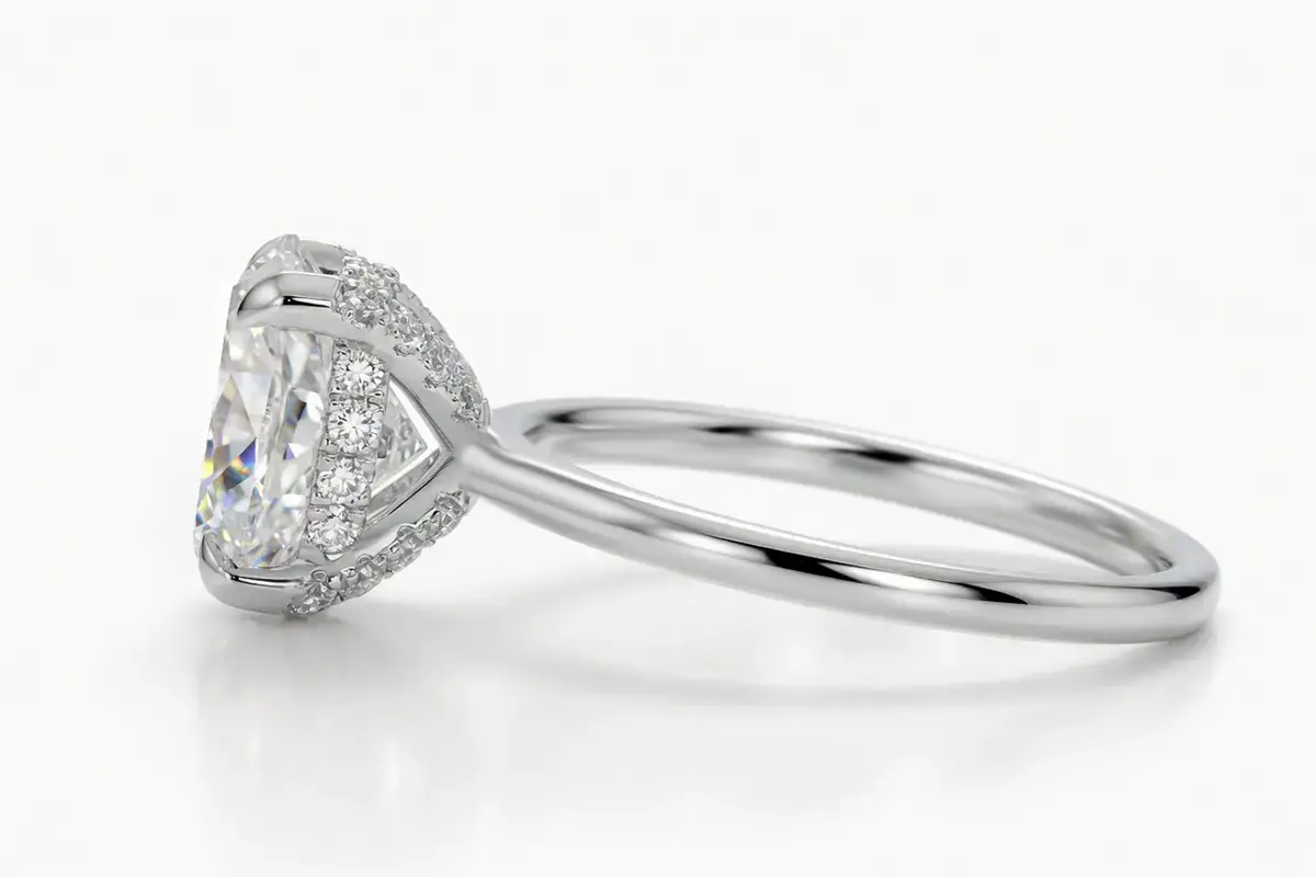 oval lab diamond accented basket white gold engagement ring by Quorri
