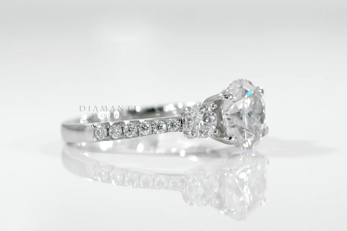 2.5 carat 14k white gold three stone round lab grown diamond engagement ring Quorri