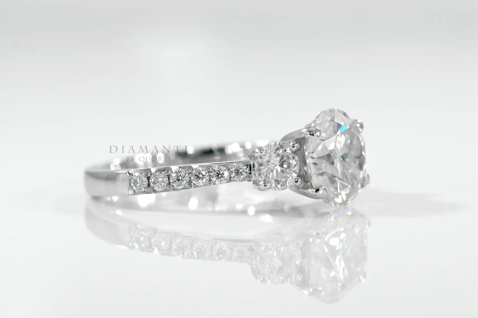 2.5 carat 14k white gold three stone round lab grown diamond engagement ring Quorri