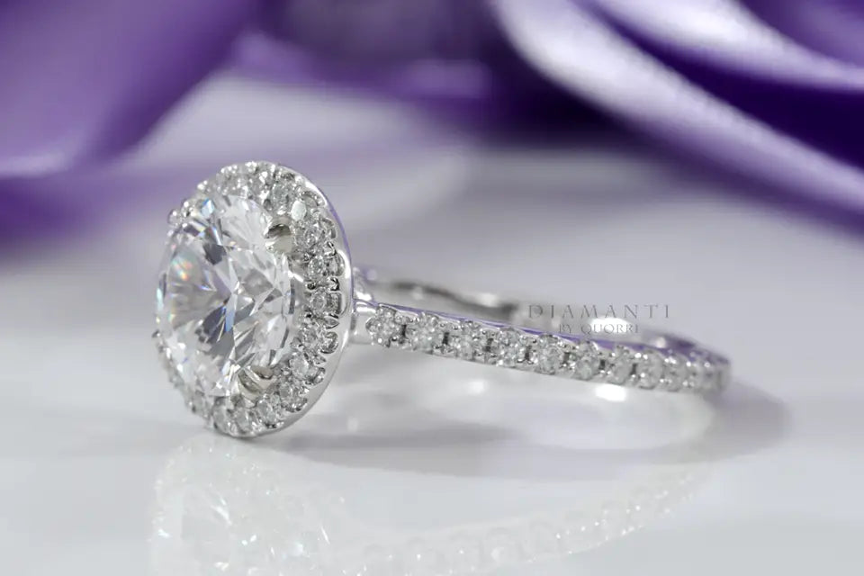3 carat 18k white gold accented halo round lab diamond engagement ring Quorri