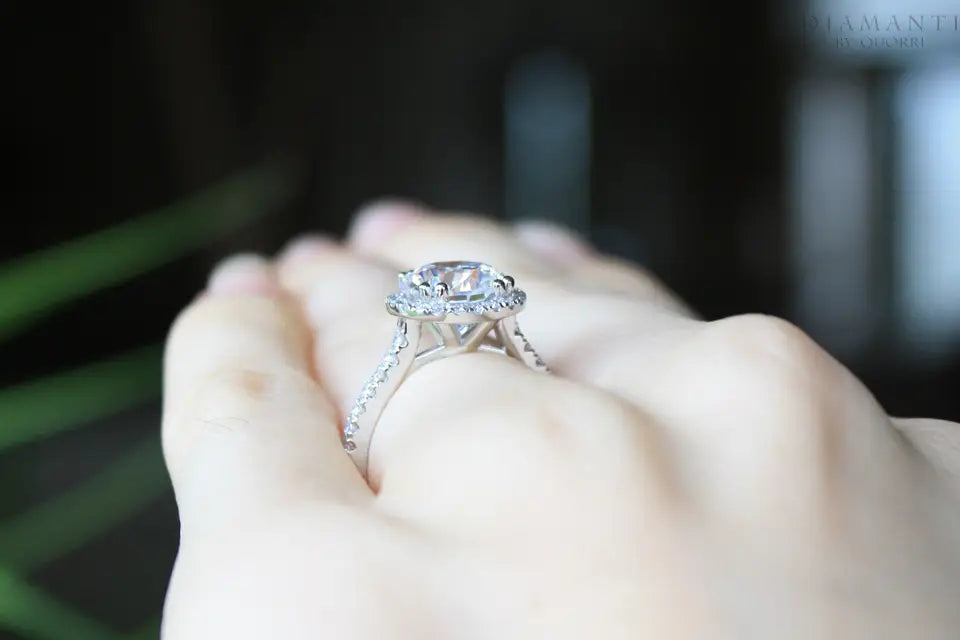accented  2 carat 18k white gold round halo lab diamond engagement ring Quorri Canada