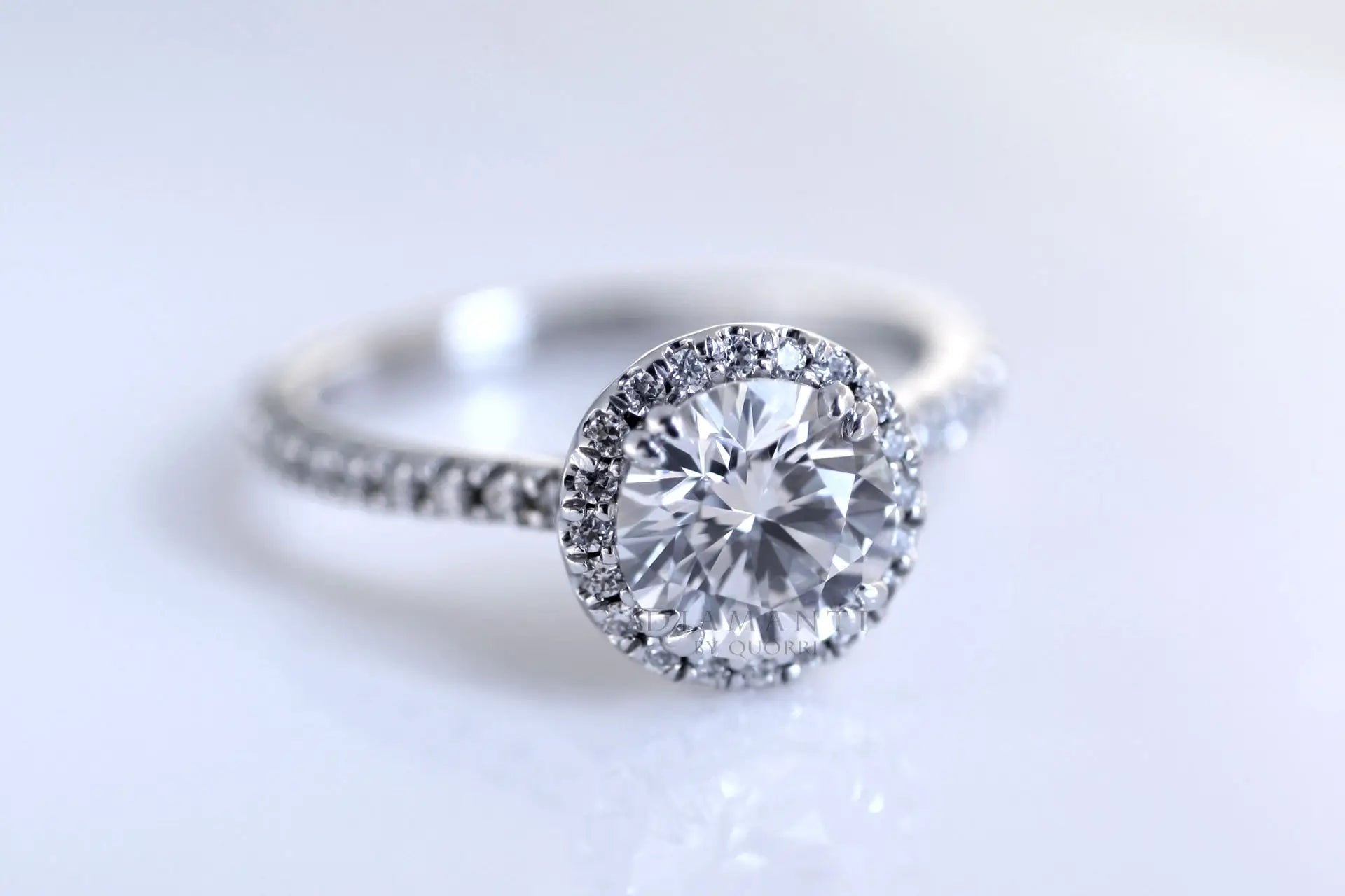 2 carat 14k white gold accented halo round lab grown diamond engagement ring Quorri Canada
