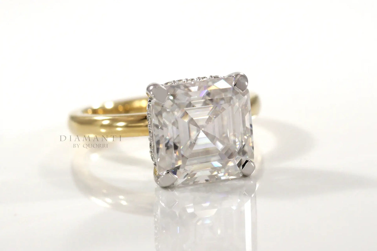 two-tone gold affordable under-halo asscher lab grown diamond engagement ring Quorri