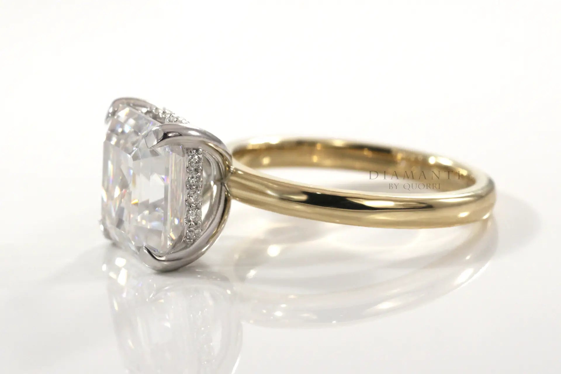 two-tone gold affordable under-halo 3 carat asscher lab diamond engagement ring Quorri