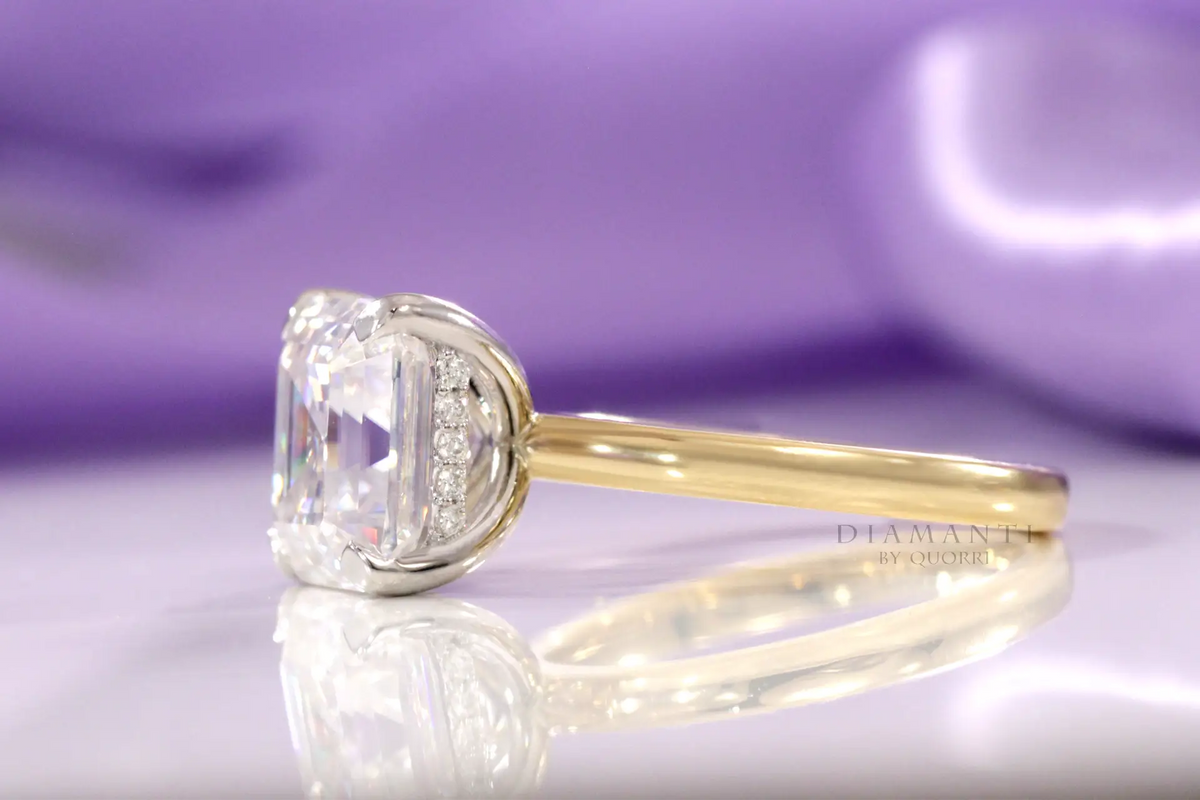 two-tone gold affordable under-halo 2.5 carat asscher lab created diamond engagement ring Quorri