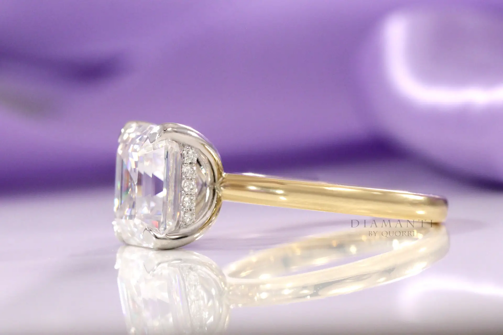 two-tone gold affordable under-halo 2.5 carat asscher lab created diamond engagement ring Quorri