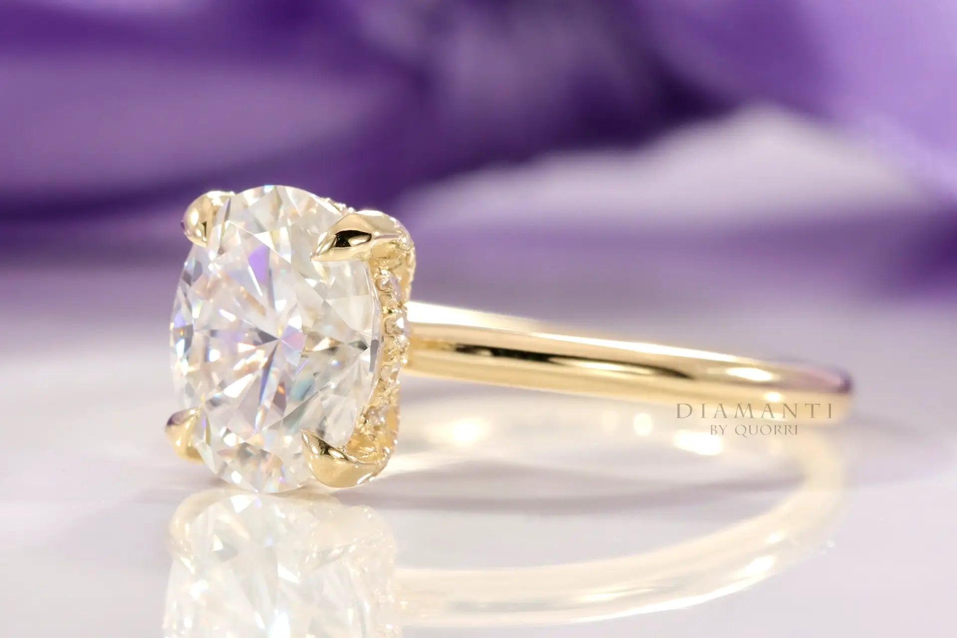 yellow gold oval cut lab diamond hidden halo engagement ring