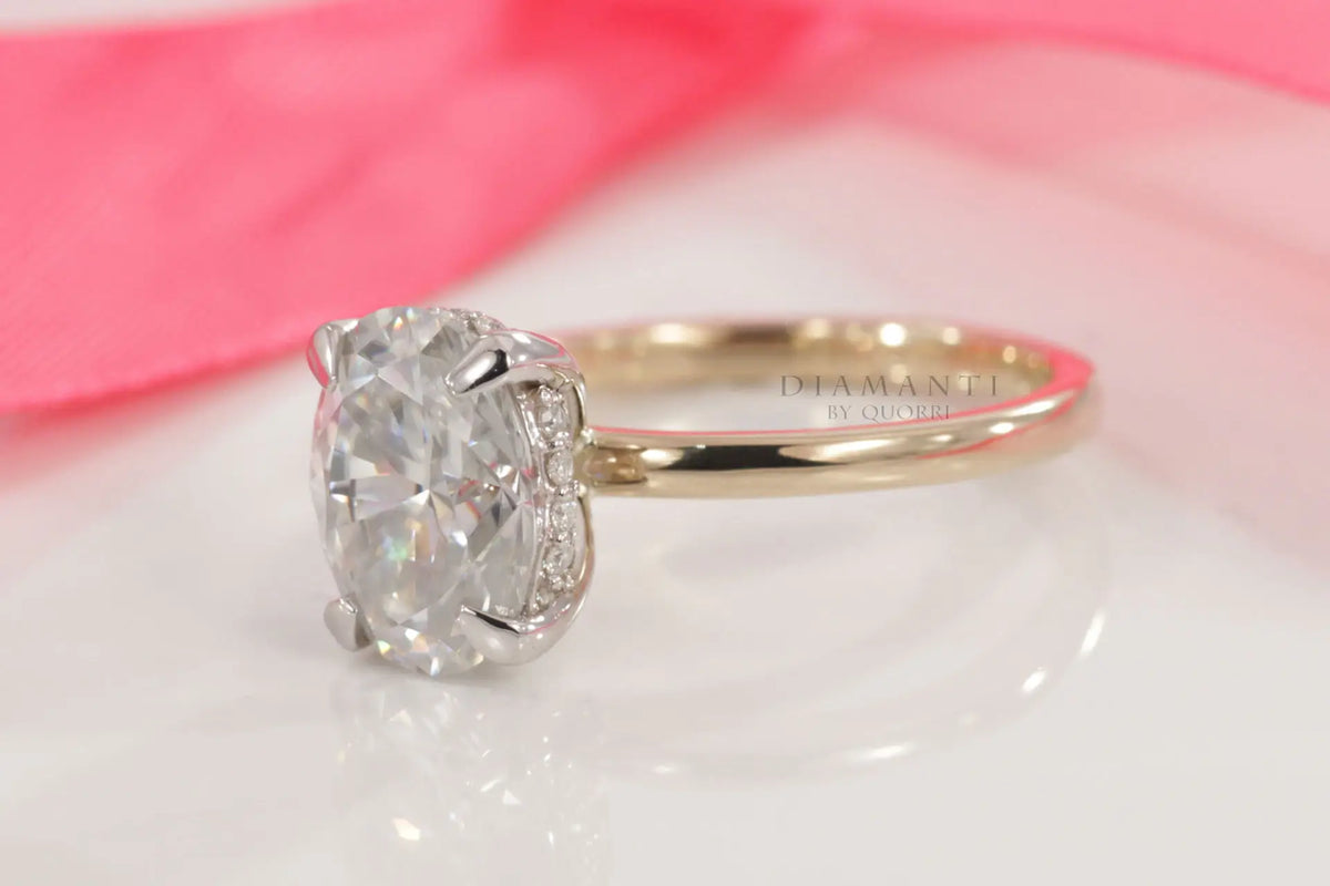 2-tone claw prong under-halo 2ct oval lab grown diamond engagement ring