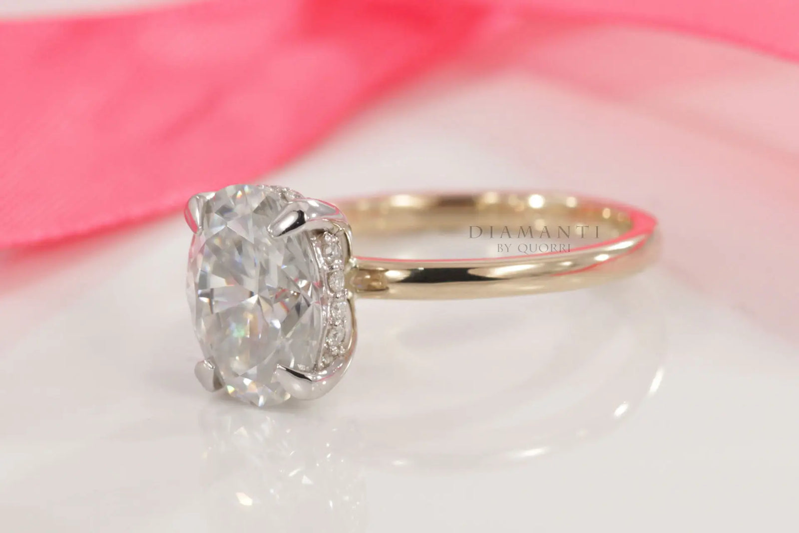 2-tone claw prong under-halo 2ct oval lab grown diamond engagement ring