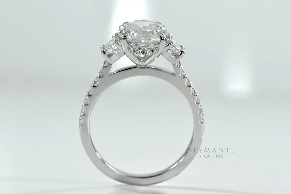 designer 4 claw prong 18k white gold 3 carat oval and moon cut lab grown diamond engagement ring Quorri Canada