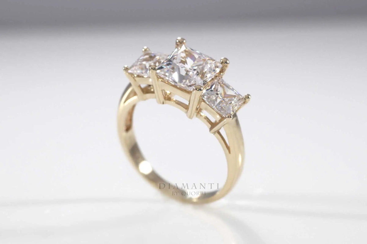 18k yellow gold three stone trilogy 2ct princess lab diamond engagement ring