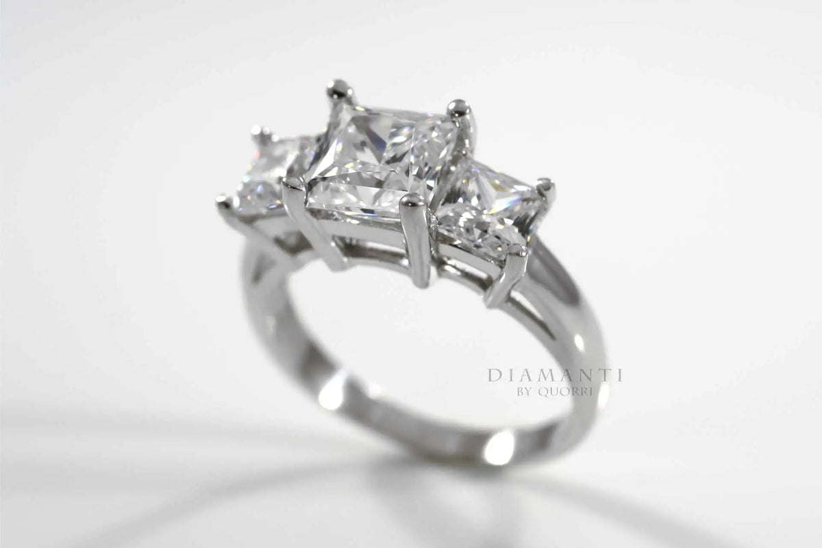 14k white gold three stone trilogy princess lab diamond engagement ring Quorri