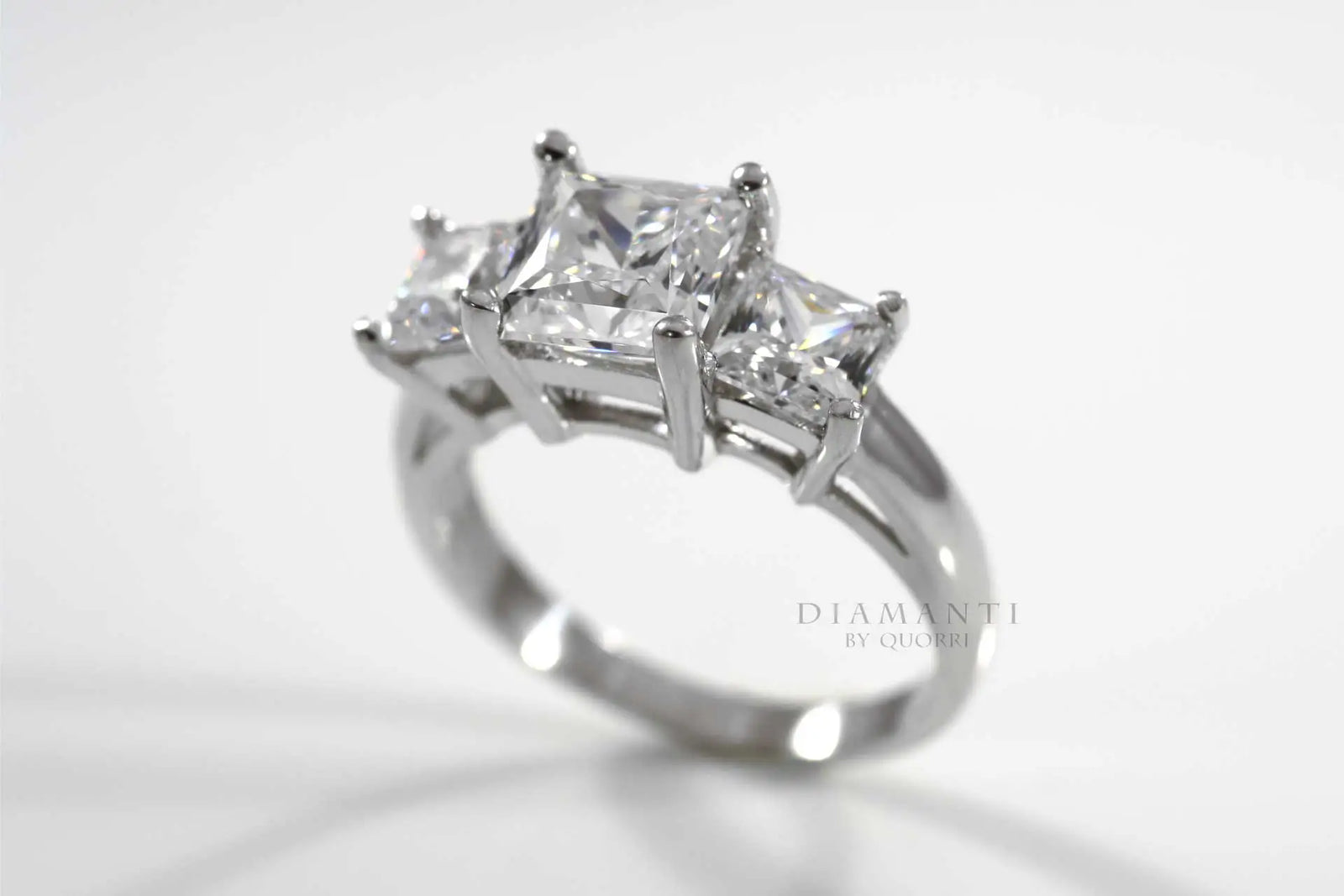 14k white gold three stone trilogy princess lab diamond engagement ring Quorri