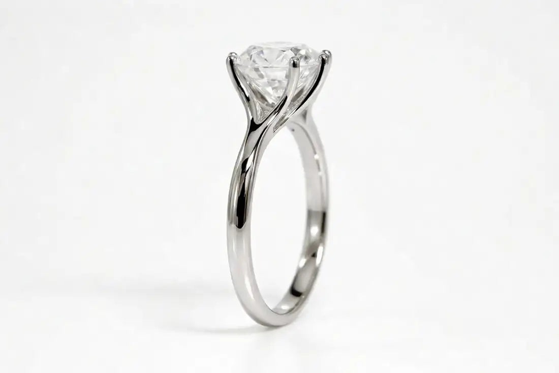 18k white gold six prong round lab made diamond solitaire engagement ring