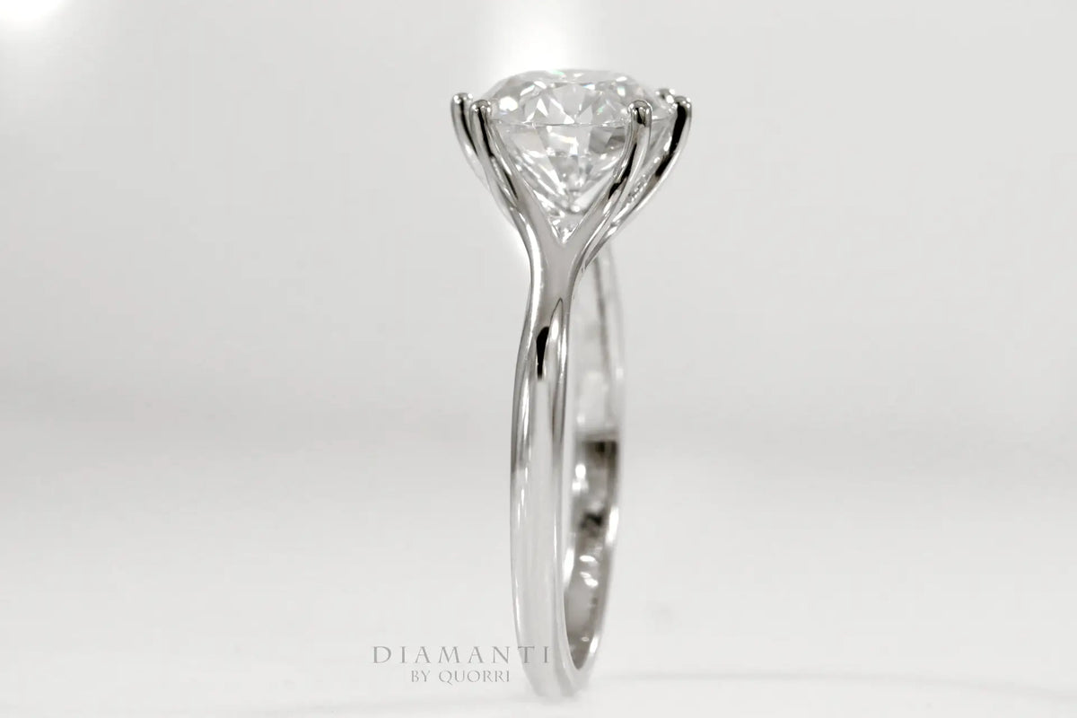 18k white gold six prong round lab made diamond solitaire engagement ring