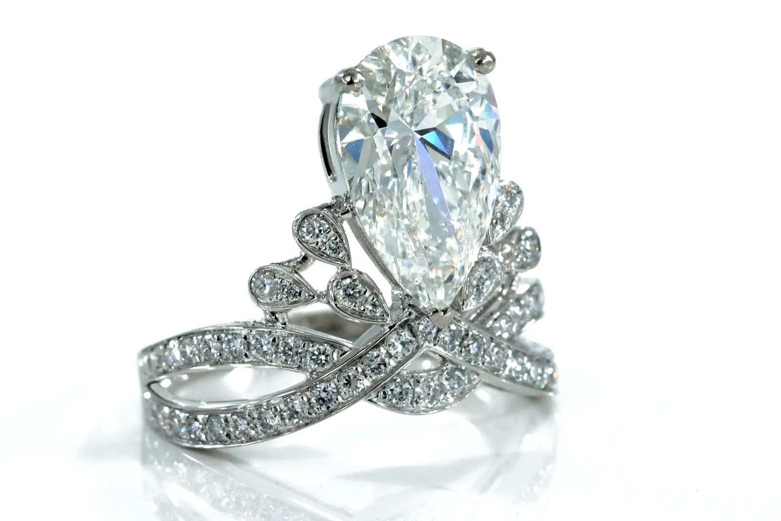 designer antique 3 carat pear cut lab diamond tiara 18k white gold engagement ring Quorri Canada