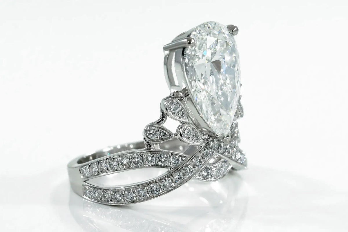 designer vintage 3 carat pear cut lab grown diamond tiara 18k white gold engagement ring Quorri Canada
