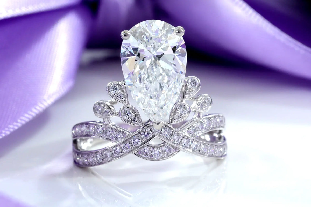 designer antique 3 carat pear cut lab diamond tiara 18k white gold engagement ring Quorri Canada