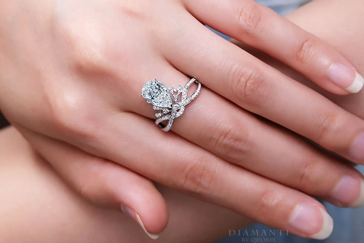14k white gold 3 carat pear lab diamond antique tiara engagement ring Quorri Canada