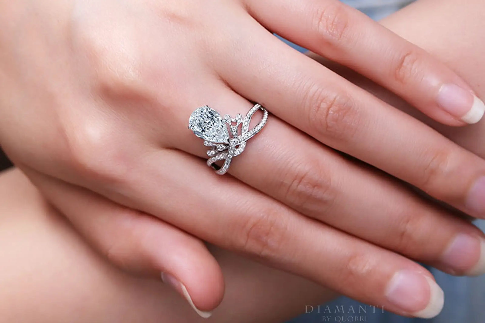 14k white gold 3 carat pear lab diamond antique tiara engagement ring Quorri Canada