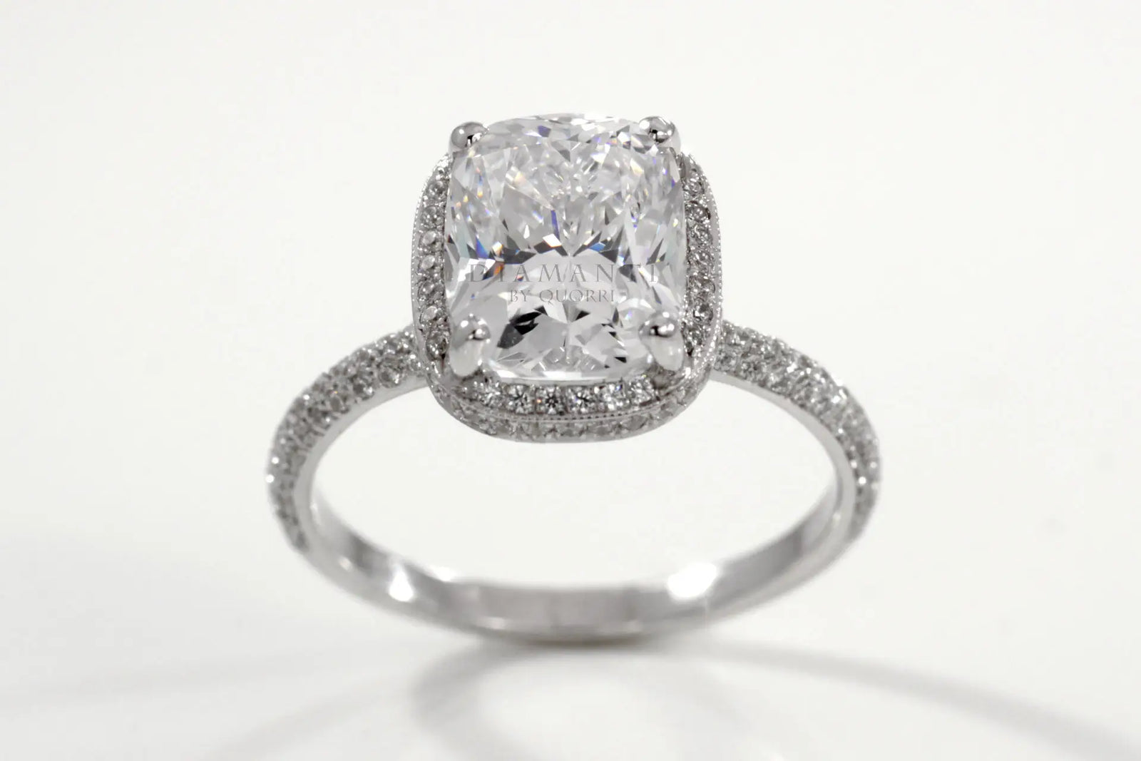18k white gold designer elongated cushion halo lab diamond engagement ring Quorri