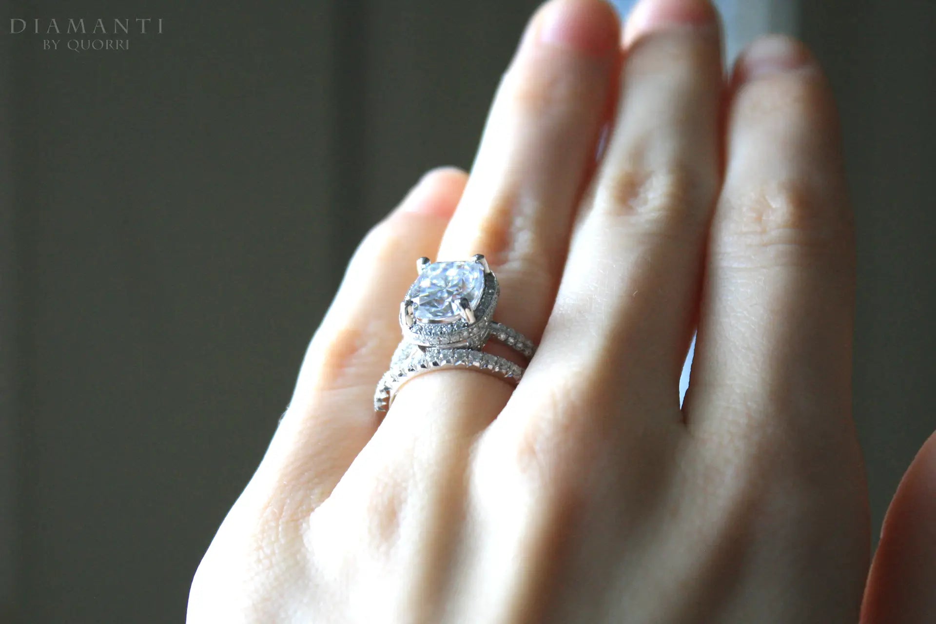 affordable designer round 18k white gold lab diamond engagement and wedding band set Quorri