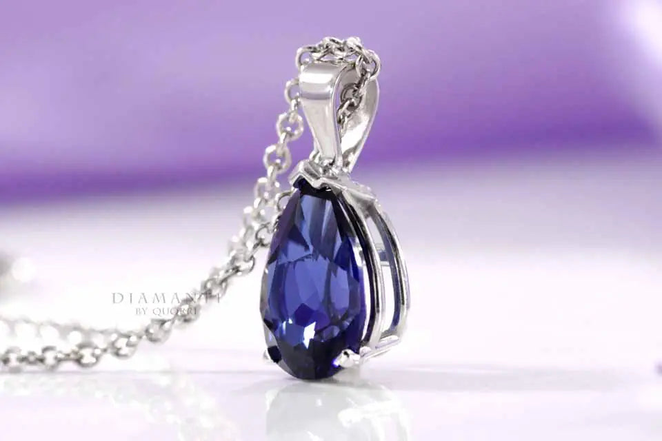 14k white gold solitaire cultured blue sapphire pear pendant Quorri