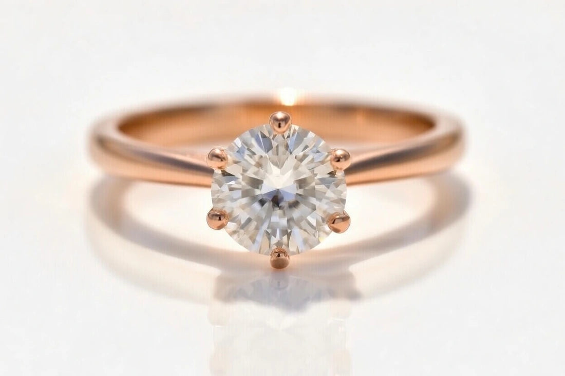 six prong 14k rose gold cathedral solitaire lab diamond engagement ring