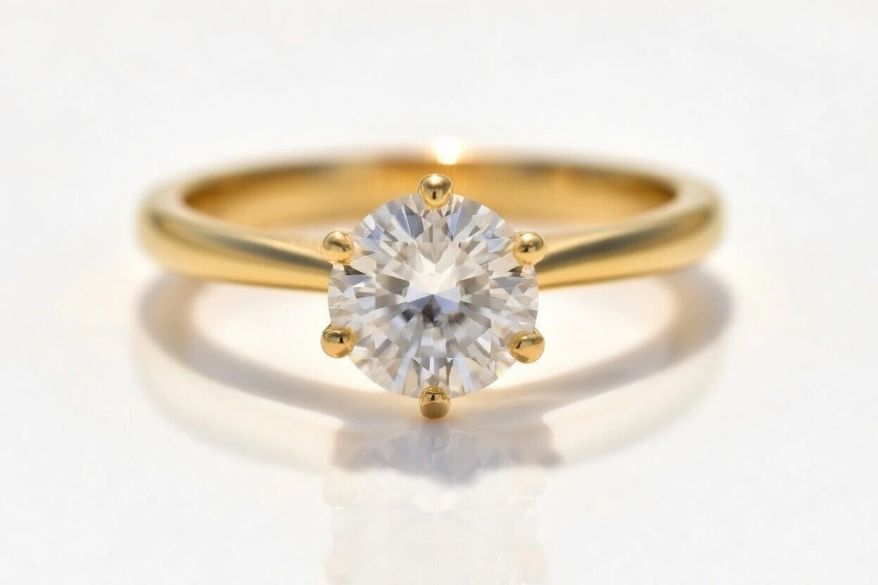 six prong 14k yellow gold cathedral solitaire 2-carat lab diamond engagement ring