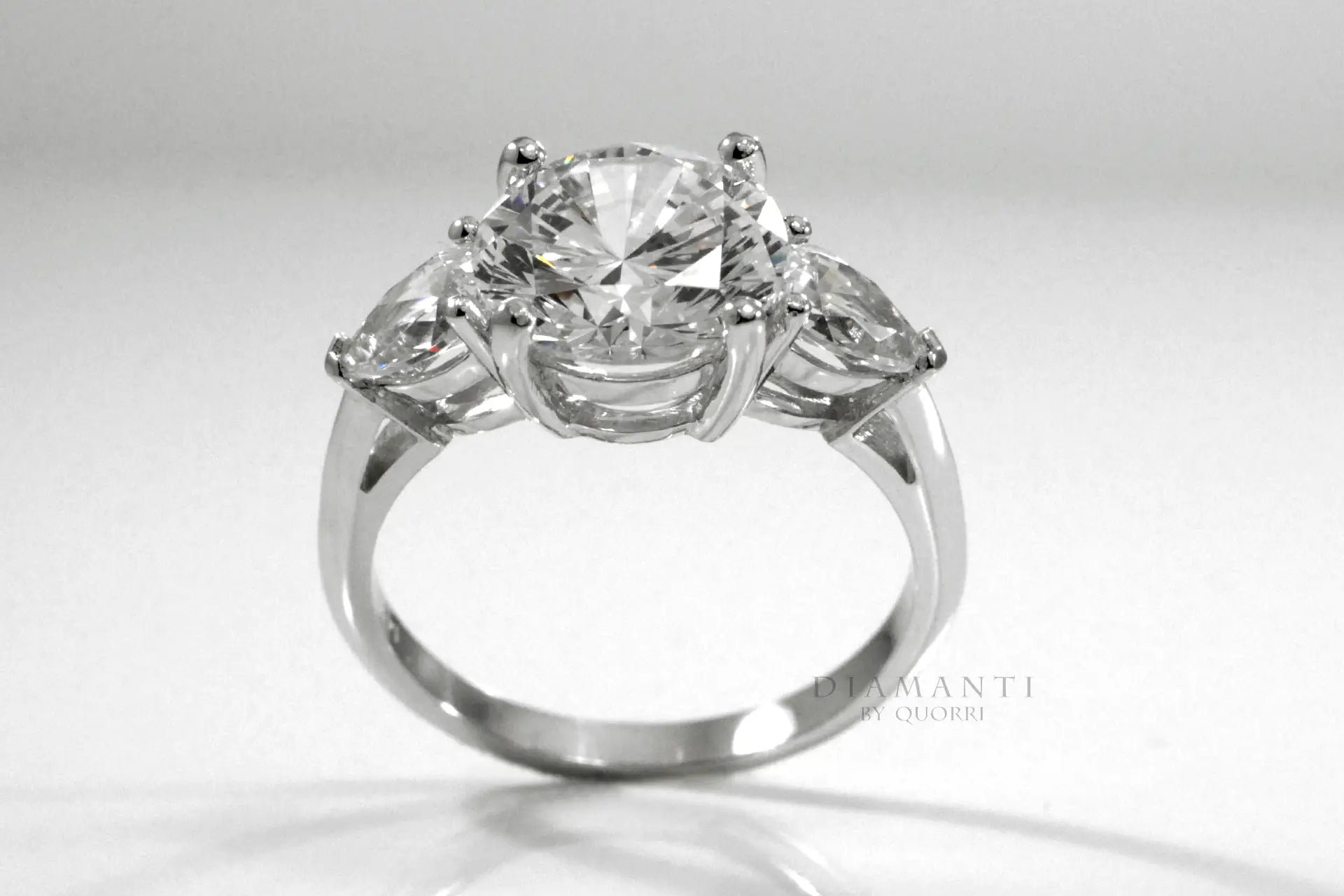 14k white three stone 4ct round and pear accented lab diamond engagement ring