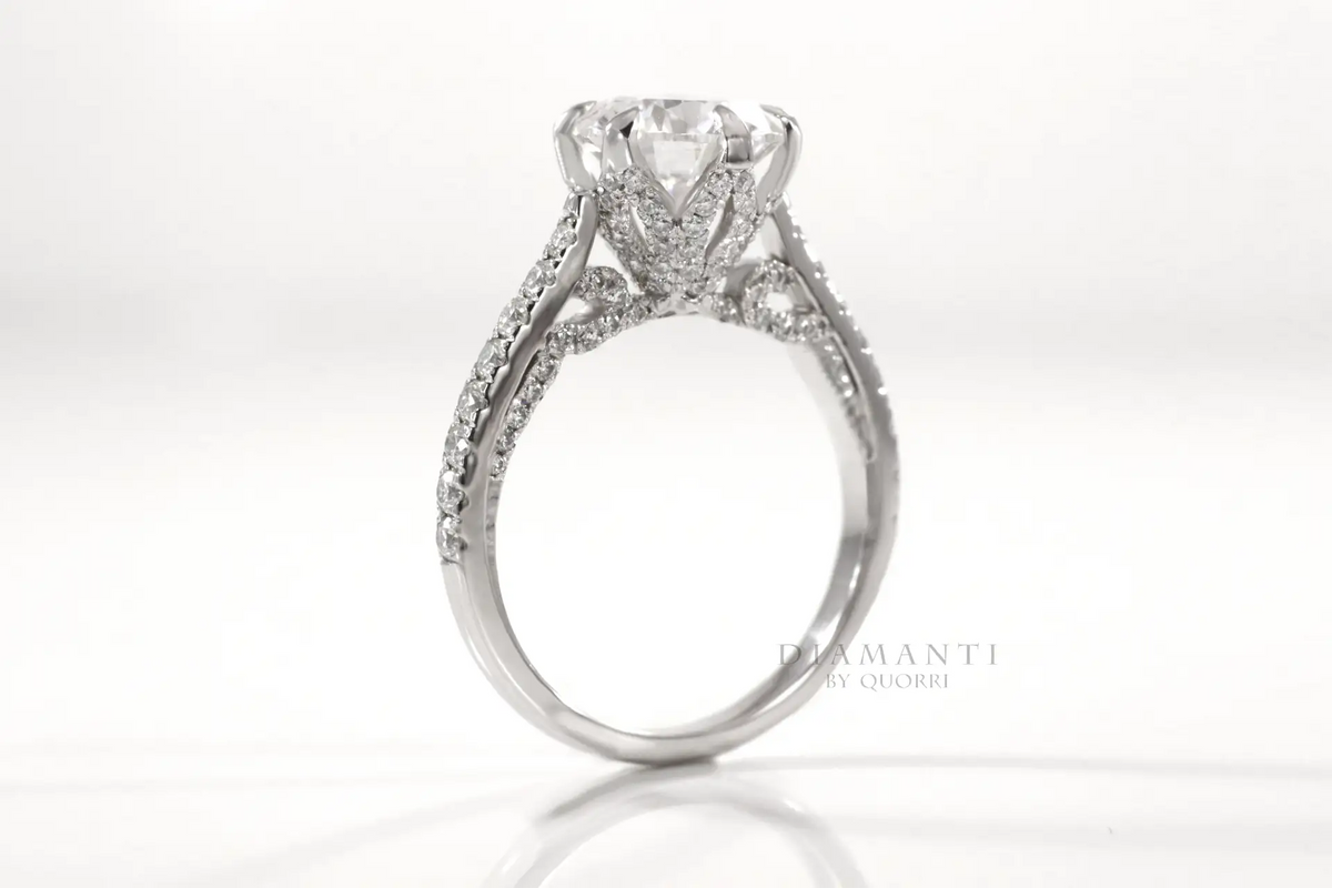 vintage six claw 18k white gold prong 3.50 carat round lab created diamond engagement ring Quorri Canada