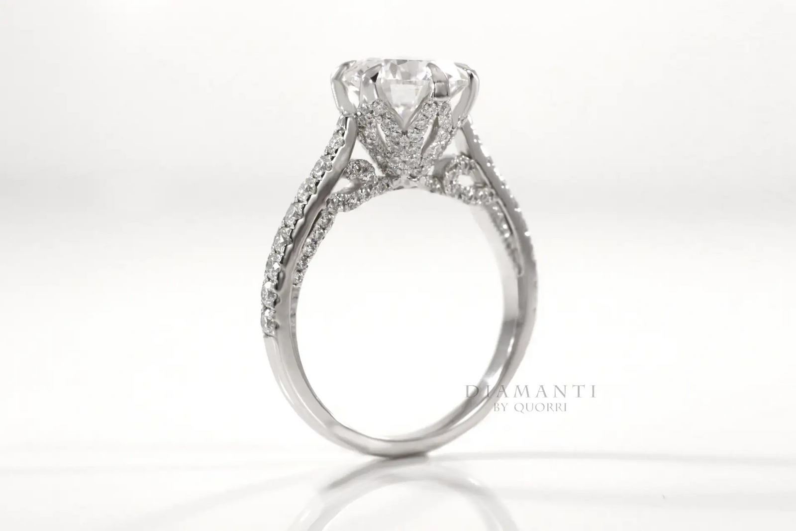 vintage six claw 18k white gold prong 3.50 carat round lab created diamond engagement ring Quorri Canada