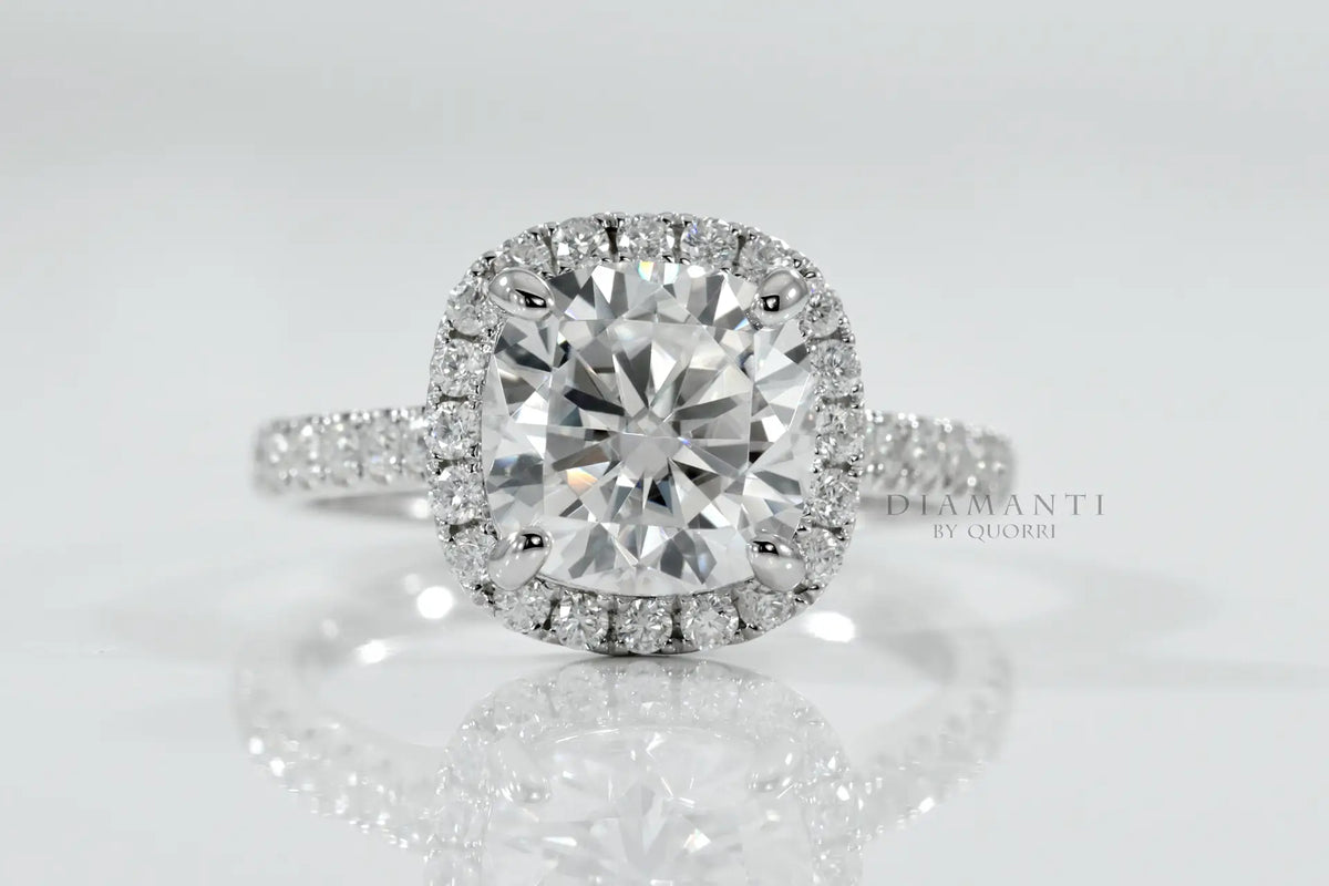 Lab created Cushion Diamond halo ring 14k white gold