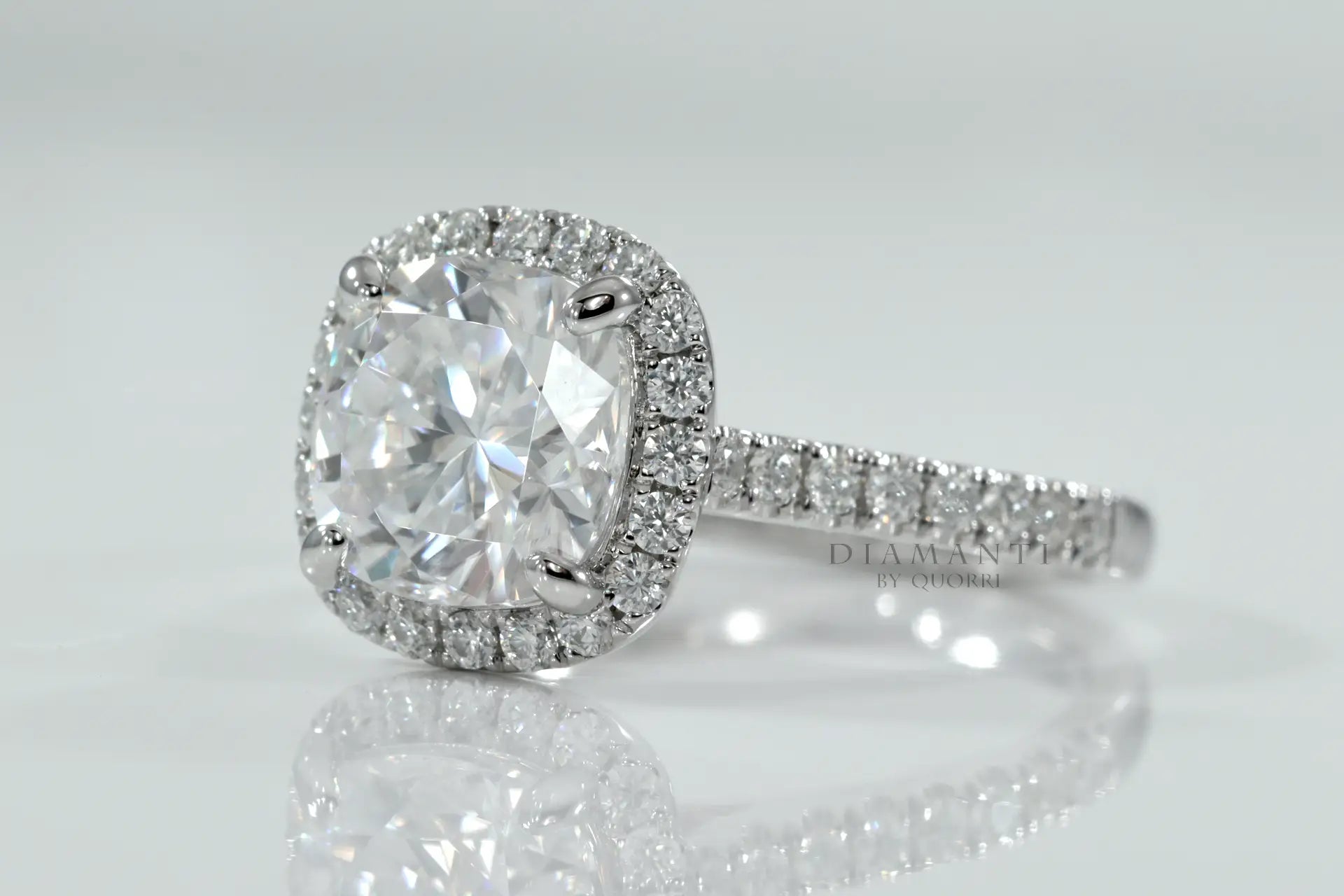 Lab created Cushion Diamond halo ring 14k white gold