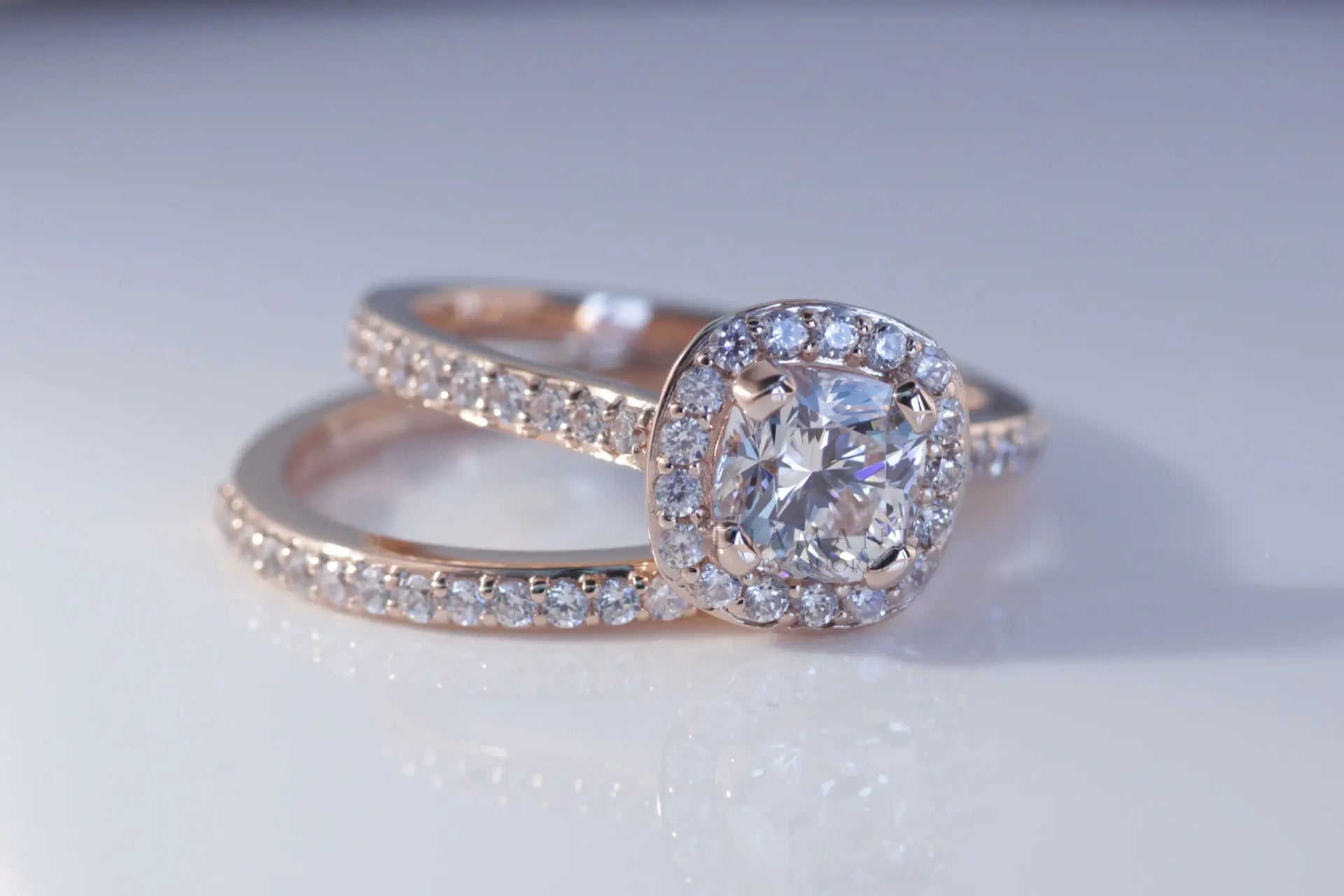 affordable rose gold 1.5 carat cushion halo lab diamond engagement ring and wedding band set Canada